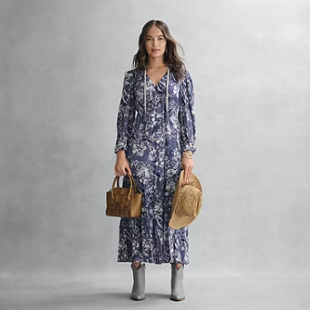 Frye and Co. blue floral long sleeve maxi dress